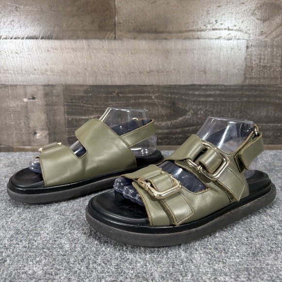 ALOHAS Shoes - ALOHAS Harper Flat Sandals Olive Green Leather Chunky Gold Buckle EU 38 US 7 7.5